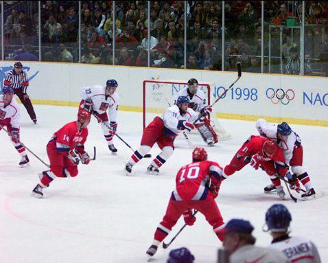 Canada's men's hockey team, with NHL pros at the Olympics for the first time, loses a shootout to the Czech Republic in Nagano (Feb. 1998)