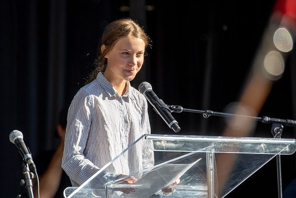 Greta Thunberg leads a climate strike march of roughly half a million people through Montreal, September 27, 2019.